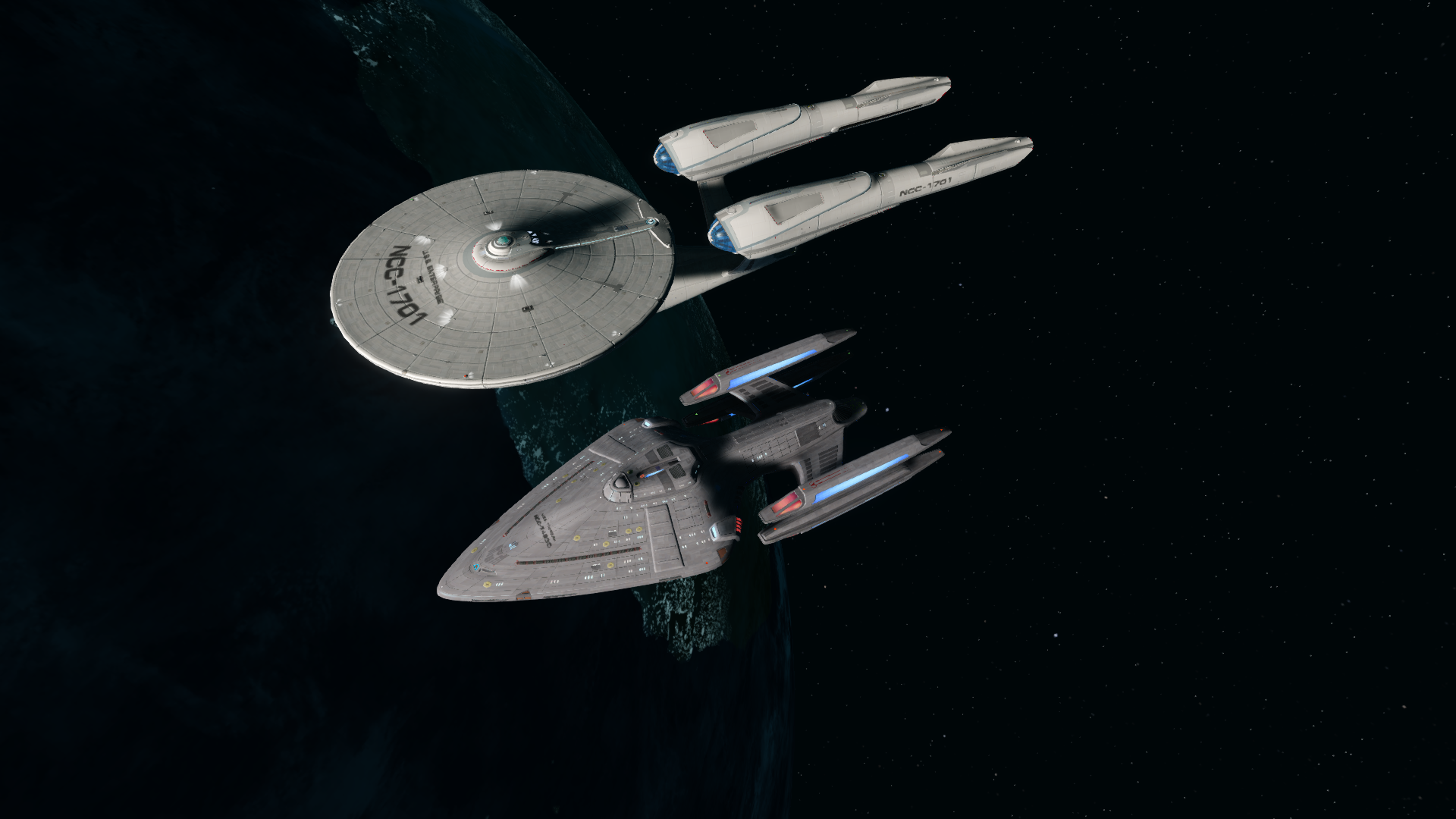 Star Trek Online size comparison of the Typhon and Kelvin-timeline Enterprise