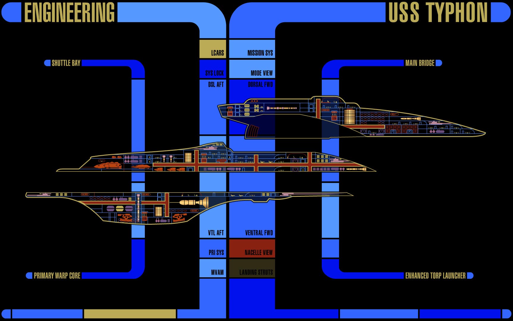 Master Systems Display of the USS Typhon in multi-vector assault mode